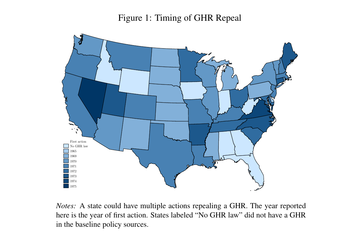 Map of the United States showing the year of each state's first action repealing a gender-specific hours restriction.