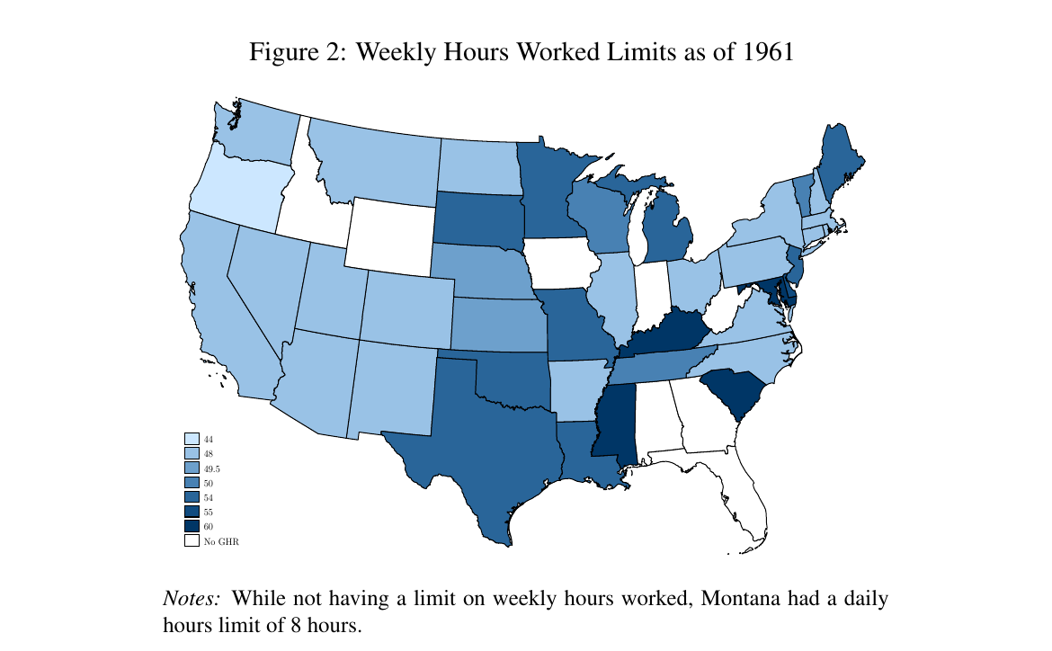 Map of the United States showing statutory weekly-hour limits for women in 1961.
