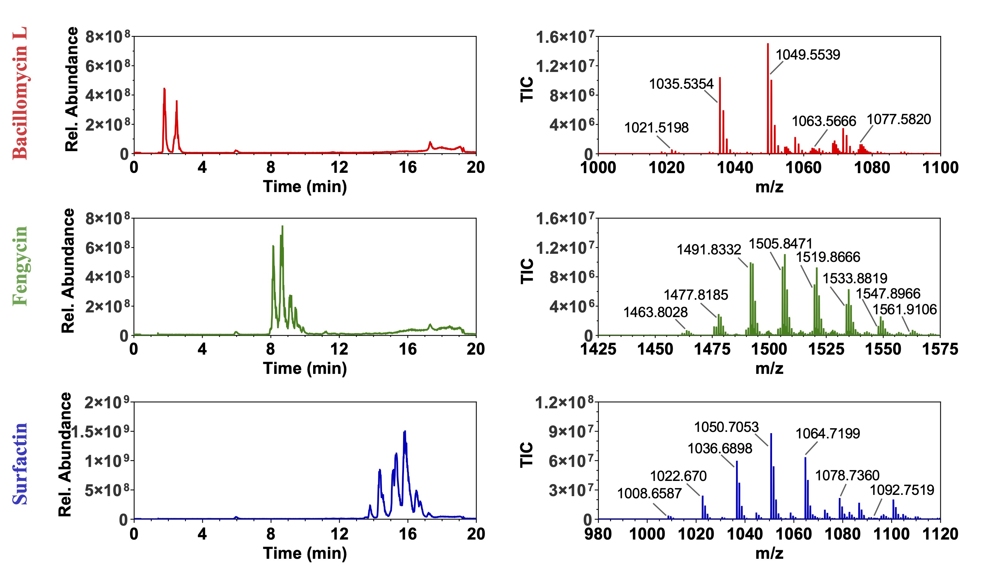 Liquid chromatograms (left)
      and mass spectra (right) for lipopeptides produced by a Bacillus
      velezensis