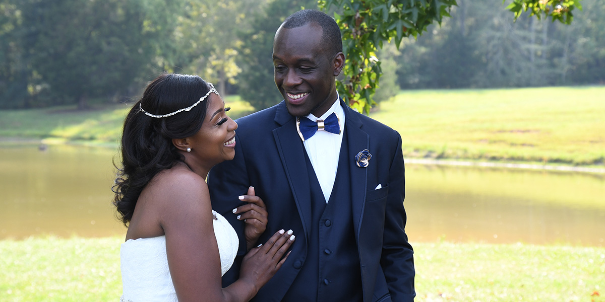 Couple looks at each other on wedding day