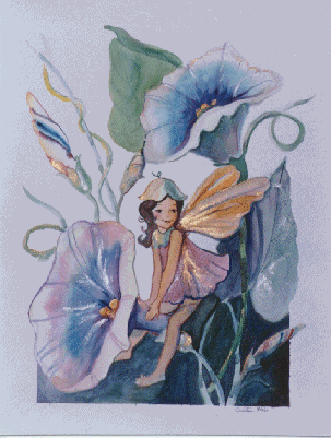 animated image of a little fairy, perched among the flowers, Morning Glory.  She moves her wings in time to the music.